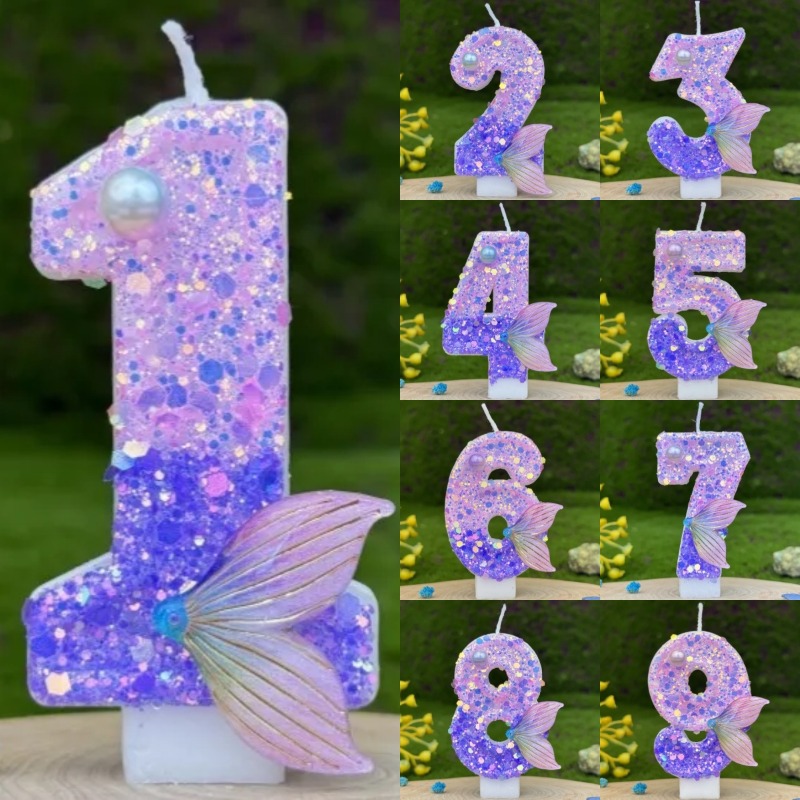 Candle Making Things - グリッターパープルグラデーションマーメイドテールナンバーキャンドル0-9、パールデコレーションバースデーケーキキャンドル、女の子の誕生日パーティーデコレーション用
