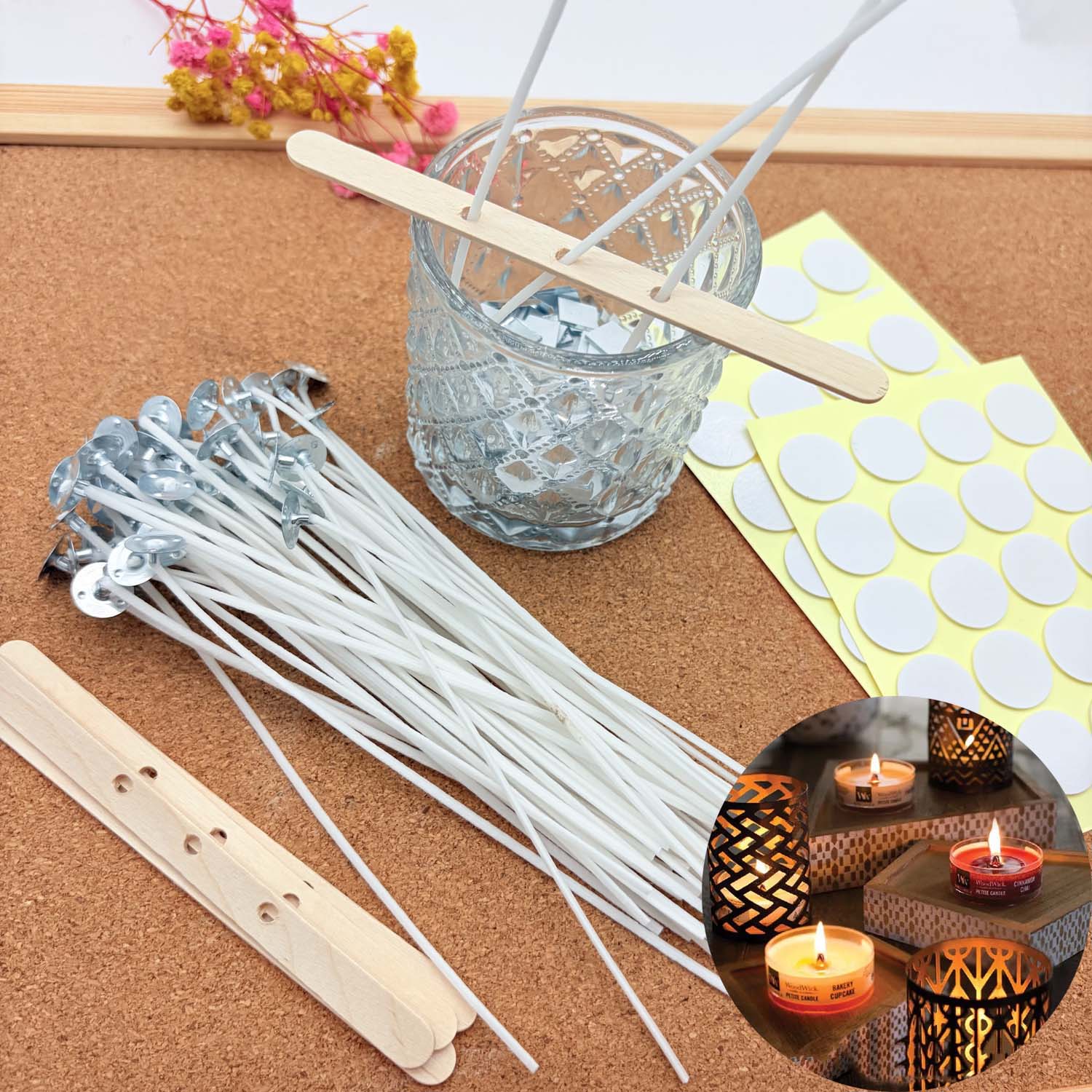 Candle Making Wax Melter - 1セットのキャンドル作りDIYキット、無煙キャンドル、綿芯、金属製サステナータブ付きワックスコート芯、キャンドルDIY作成用木製ホルダー