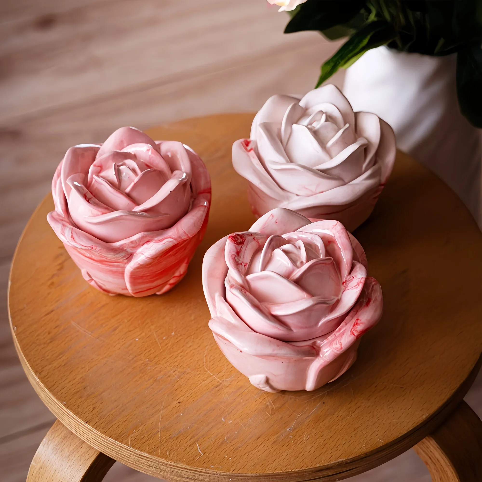 Candle Mold Silicone - 2ピースセット ローズ型シリコンモールド 蓋付き、エポキシ樹脂、石膏、コンクリートクラフト用のエレガントなキャンドルホルダーモールド